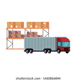 Cargo truck parked in front of boxes on shelf vector illustration