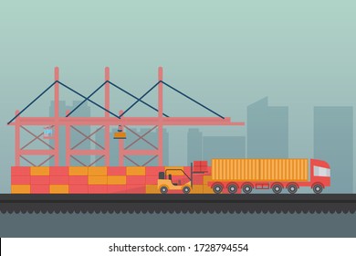 Cargo truck in the port are loading and unloading goods to various stores for trade. Services, importing, exporting to all over the world in the country for wholesale and retail trading business.