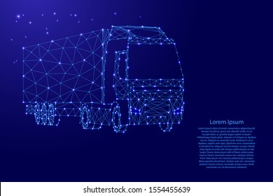 Cargo truck with semi-trailer from futuristic polygonal blue lines and glowing stars for banner, poster, greeting card. Vector illustration.