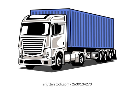 Cargo truck semi-trailer side view 3D vector illustration. Commercial transport for heavy loads transportation, Logistic container delivery vehicle