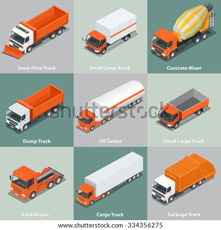 Cargo Truck set icons.  Flat 3d isometric high quality city service transport. 