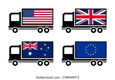 cargo truck set icons of united states, united kingdom, australia and european union. isolated  on white background