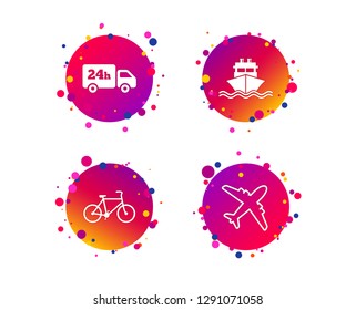 Cargo truck and shipping icons. Shipping and eco bicycle delivery signs. Transport symbols. 24h service. Gradient circle buttons with icons. Random dots design. Vector