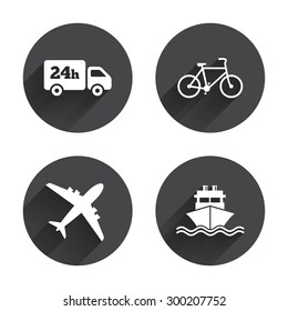Cargo truck and shipping icons. Shipping and eco bicycle delivery signs. Transport symbols. 24h service. Circles buttons with long flat shadow. Vector