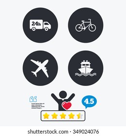 Cargo truck and shipping icons. Shipping and eco bicycle delivery signs. Transport symbols. 24h service. Star vote ranking. Client like and think bubble. Quotes with message.