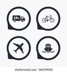 Cargo truck and shipping icons. Shipping and eco bicycle delivery signs. Transport symbols. 24h service. Flat icon pointers.