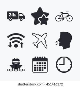 Cargo truck and shipping icons. Shipping and eco bicycle delivery signs. Transport symbols. 24h service. Wifi internet, favorite stars, calendar and clock. Talking head. Vector