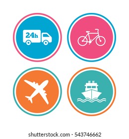 Cargo truck and shipping icons. Shipping and eco bicycle delivery signs. Transport symbols. 24h service. Colored circle buttons. Vector