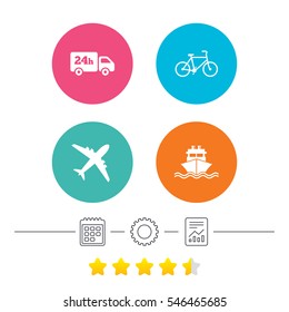 Cargo truck and shipping icons. Shipping and eco bicycle delivery signs. Transport symbols. 24h service. Calendar, cogwheel and report linear icons. Star vote ranking. Vector