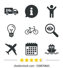 Cargo truck and shipping icons. Shipping and eco bicycle delivery signs. Transport symbols. 24h service. Information, light bulb and calendar icons. Investigate magnifier. Vector