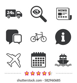Cargo truck and shipping icons. Shipping and eco bicycle delivery signs. Transport symbols. 24h service. Newspaper, information and calendar icons. Investigate magnifier, chat symbol. Vector