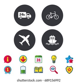 Cargo truck and shipping icons. Shipping and eco bicycle delivery signs. Transport symbols. 24h service. Calendar, Information and Download signs. Stars, Award and Book icons. Vector