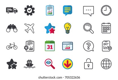Cargo truck and shipping icons. Shipping and eco bicycle delivery signs. Transport symbols. 24h service. Chat, Report and Calendar signs. Stars, Statistics and Download icons. Vector