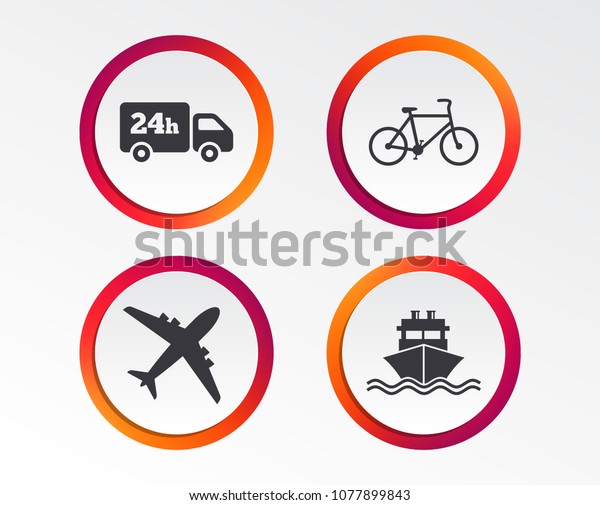 Cargo truck and shipping icons.\
Shipping and eco bicycle delivery signs. Transport symbols. 24h\
service. Infographic design buttons. Circle templates.\
Vector