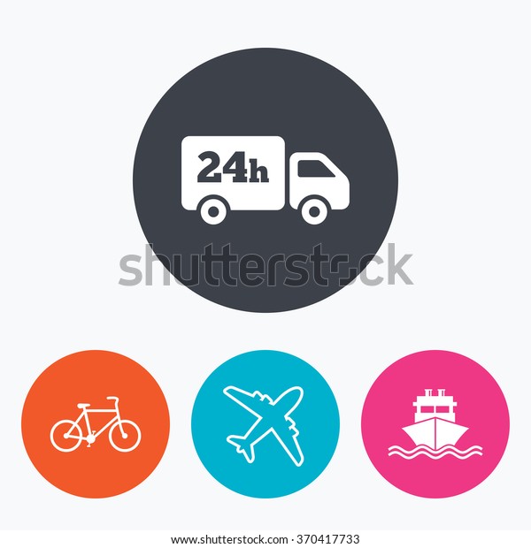 Cargo truck and shipping icons. Shipping and eco
bicycle delivery signs. Transport symbols. 24h service. Circle flat
buttons with icon.