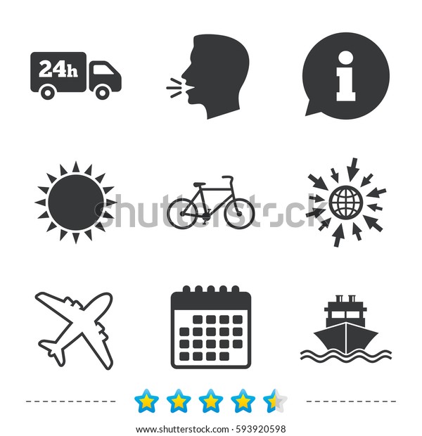 Cargo truck and\
shipping icons. Shipping and eco bicycle delivery signs. Transport\
symbols. 24h service. Information, go to web and calendar icons.\
Sun and loud speak symbol.\
Vector