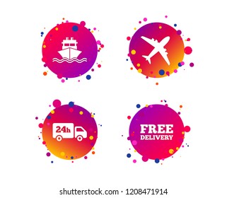 Cargo truck and shipping icons. Shipping and free delivery signs. Transport symbols. 24h service. Gradient circle buttons with icons. Random dots design. Vector