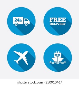 Cargo truck and shipping icons. Shipping and free delivery signs. Transport symbols. 24h service. Circle concept web buttons. Vector