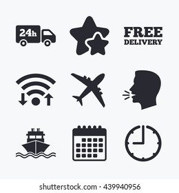 Cargo truck and shipping icons. Shipping and free delivery signs. Transport symbols. 24h service. Wifi internet, favorite stars, calendar and clock. Talking head. Vector