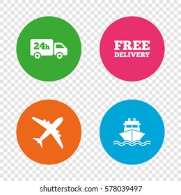 Cargo truck and shipping icons. Shipping and free delivery signs. Transport symbols. 24h service. Round buttons on transparent background. Vector