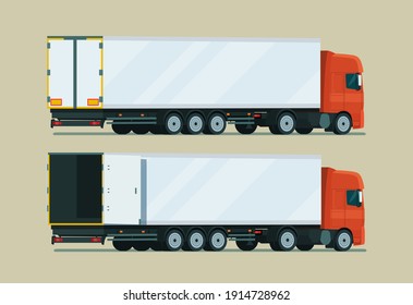 Cargo Truck With Trailer Two Angle Set. Truck With Open Cargo Door. Vector Flat Style Illustration.