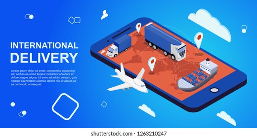 Cargo Truck transportation, delivery man, boxes. Fast delivery or logistic transport. Easy colour change.  World map on a mobile phone, around clouds and symbols, flying a cargo plane Isometric vector