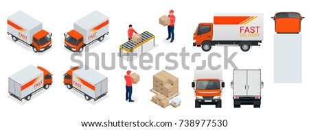 Cargo Truck transportation, delivery man, boxes. Fast delivery or logistic transport. Easy colour change. Template vector isolated on white View front, rear, side, top and isometric