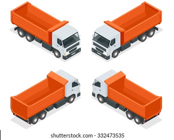 Cargo Truck transportation. Flat 3d isometric high quality city service transport. Orange Truck dump for construction.