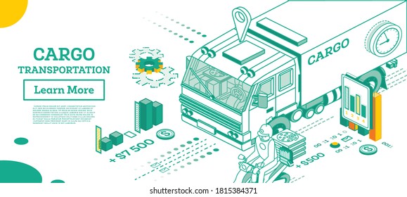 Cargo Truck Transportation. Isometric Commercial Transport. Vector Illustration. Infographic Element of Logistics System. Car for Carriage of Goods. Scooter with Pizza. Delivery Concept.