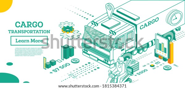 Cargo Truck Transportation. Isometric Commercial\
Transport. Vector Illustration. Infographic Element of Logistics\
System. Car for Carriage of Goods. Scooter with Pizza. Delivery\
Concept.