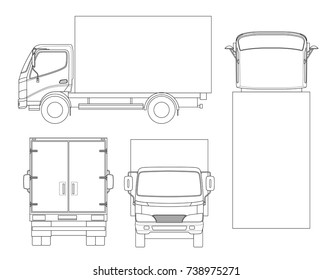 Cargo Truck transportation on outline. Fast delivery or logistic transport. Easy color change. Template vector isolated on white View front, rear, side, top