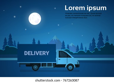 Cargo Truck Van On Road At Night With Mountains Background Shipment And Delivery Concept Flat Vector Illustration