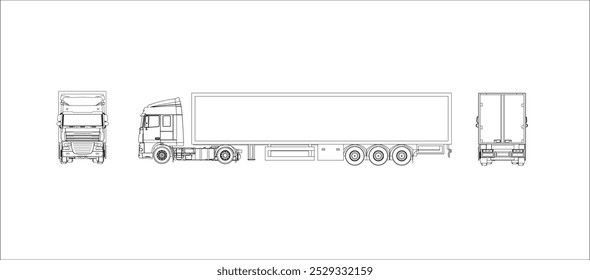 cargo truck vector blueprint line drawing isolated on transparent background