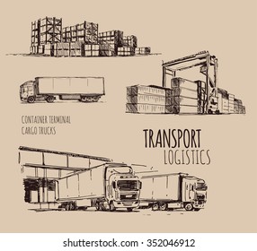Cargo Truck. Warehouse. Hand Drawn Sketch Illustration