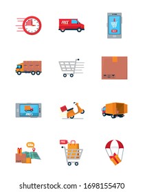 cargo trucks and free delivery icon set over white background, colorful design, vector illustration