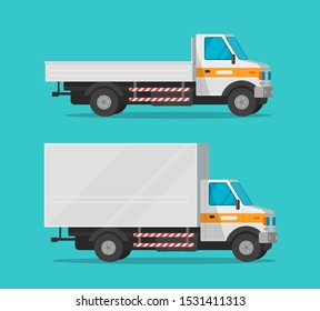 cargo trucks or lorry and delivery automobiles or vehicle vector set, flat cartoon freight industry transport, small courier semi-truck cars and wagon vans for shipping isolated clipart