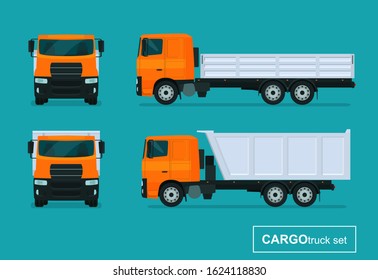 Cargo trucks set. Side view and front view. Vector flat style illustration.