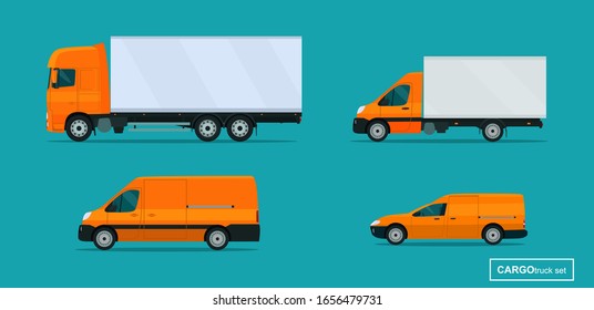 Cargo trucks set. Side view. Vector flat style illustration.