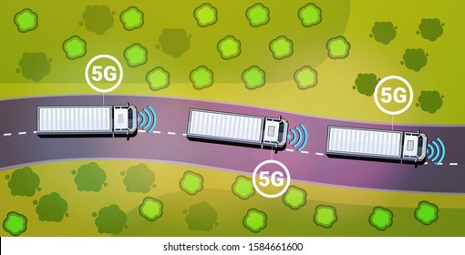 cargo trucks trailers driving road 5G online communication wireless systems connection concept fifth innovative generation of high speed internet top angle view horizontal vector illustration