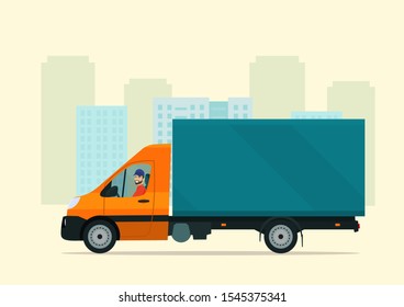 Cargo van against the background of an abstract cityscape. Vector flat style illustration