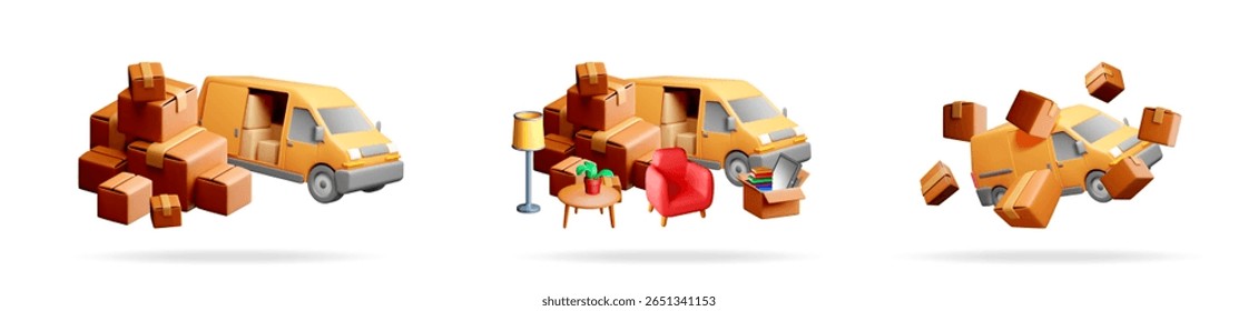 Cargo van with boxes. Delivery, moving and relocation service. Fast shipping and logistics concept for online store.