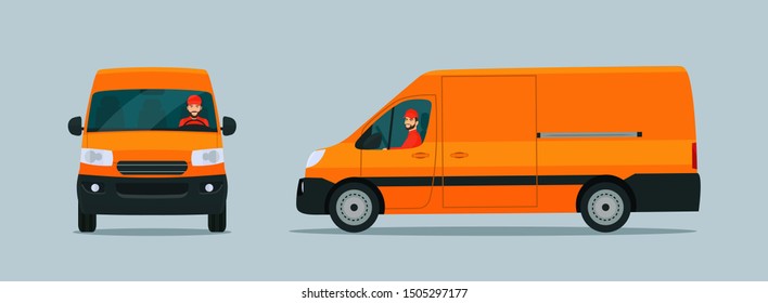 Cargo Van Car Two Angle Set. Car With Driver Man Side View And Front View. Vector Flat Style Illustration.