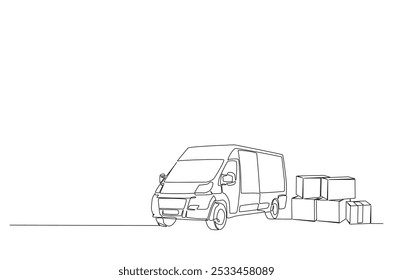 Cargo van and cardboard boxes continuous one line drawing. Single line art illustration of Van truck and cardboard boxes. Editable vector.