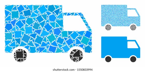 Cargo van composition of rugged pieces in variable sizes and color tones, based on cargo van icon. Vector rough pieces are combined into mosaic. Cargo van icons collage with dotted pattern.