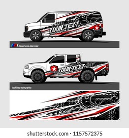 Cargo van decal designs, truck and car wrap vector. Graphic abstract stripe designs for advertisement, race, adventure and livery car