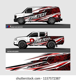 Cargo van decal designs, truck and car wrap vector. Graphic abstract stripe designs for advertisement, race, adventure and livery car