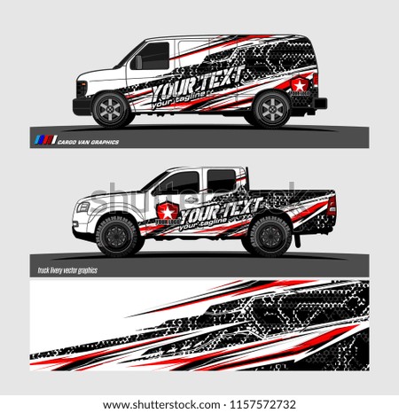 Cargo van decal designs, truck and car wrap vector. Graphic abstract stripe designs for advertisement, race, adventure and livery car