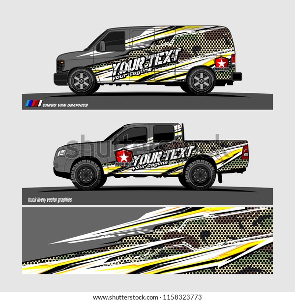 Cargo van decal designs, truck and car wrap vector.\
Graphic abstract stripe designs for advertisement, race, adventure\
and livery car