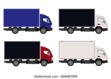 Cargo van, delivery of goods. A set of trucks of different colors. Vector.