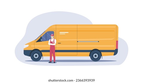 Cargo van with delivery man standing next to it. Vector illustration.